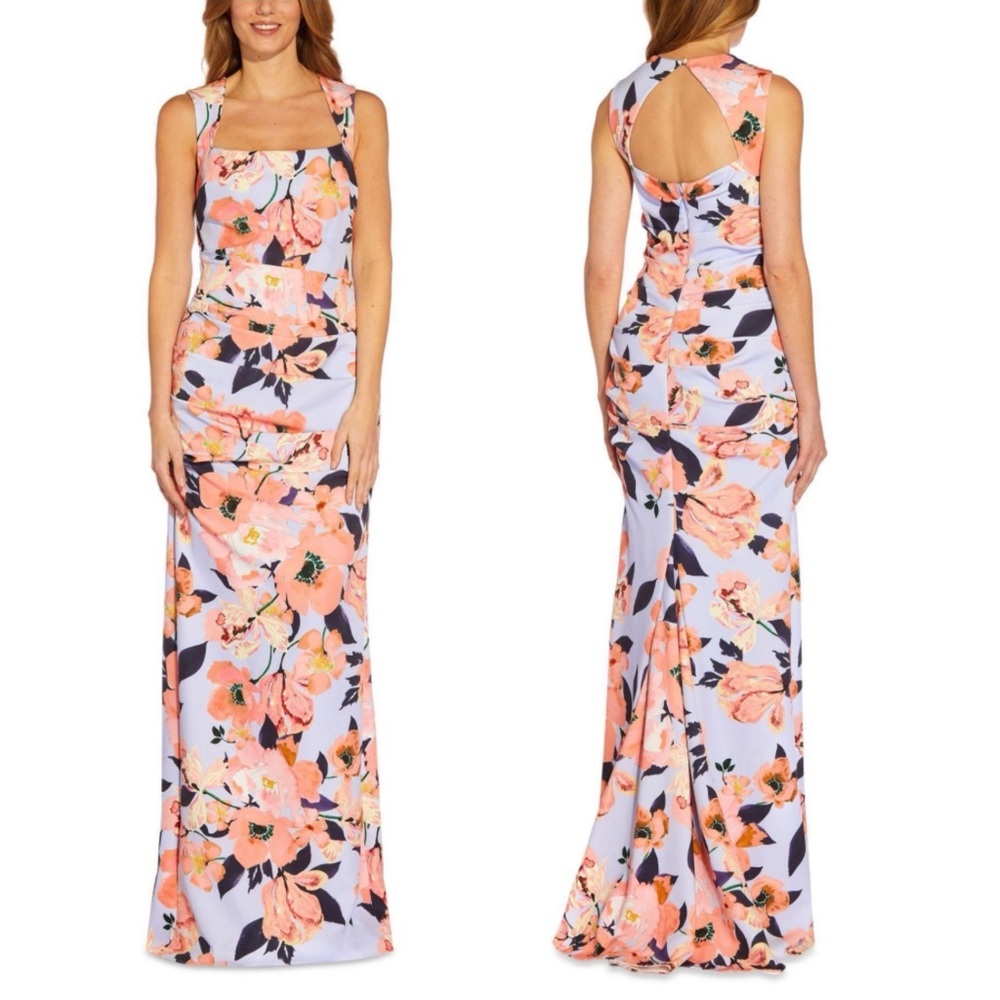 Adrianna Papell Pleated Cut Out Back Ruched Gathered Floral Dress Size 16W $279